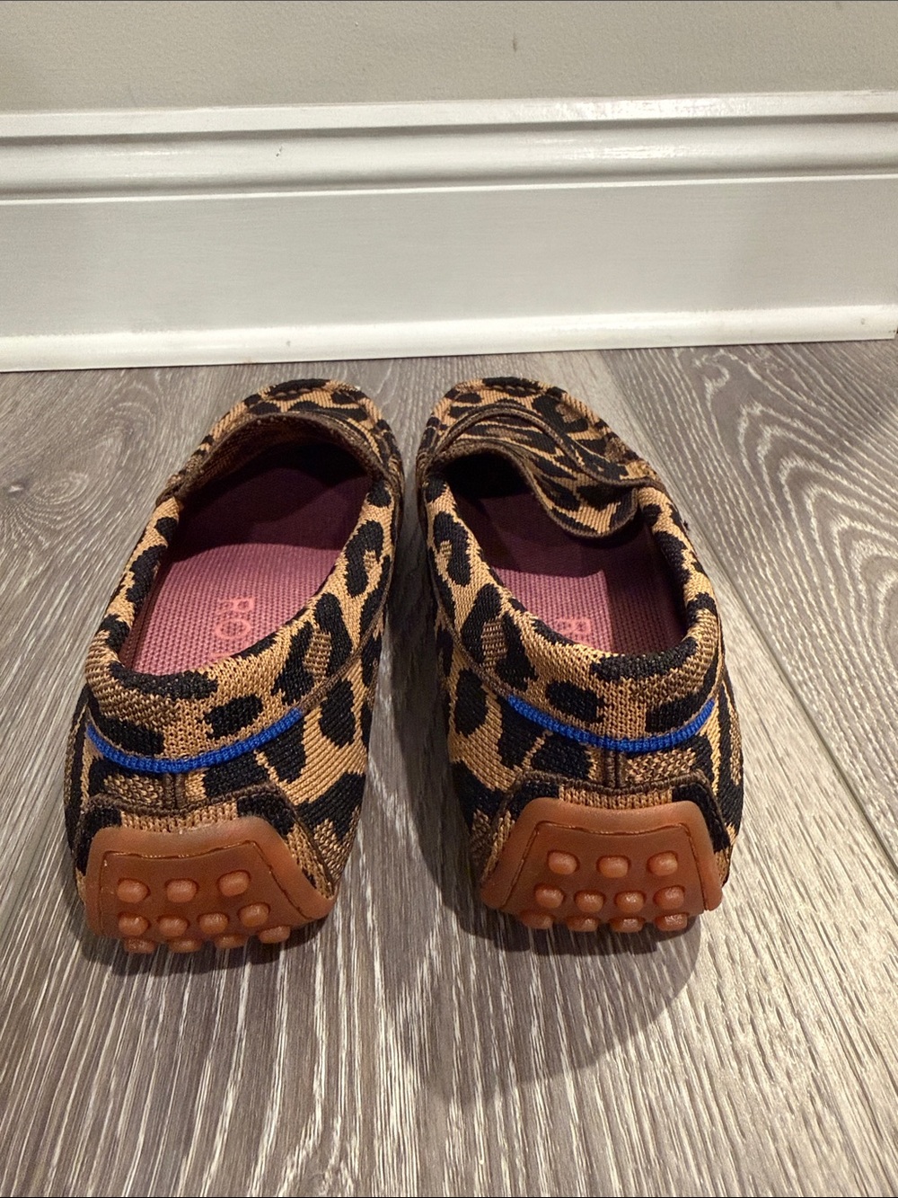 Rothy's Leopard Print Knit Penny Loafers in Tan, Black with Pink Lining - Picture 3 of 5